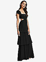 Side View Thumbnail - Black Flutter Sleeve Cutout Tie-Back Maxi Dress with Tiered Ruffle Skirt