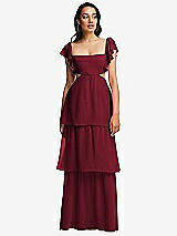 Front View Thumbnail - Burgundy Flutter Sleeve Cutout Tie-Back Maxi Dress with Tiered Ruffle Skirt