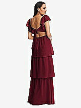 Rear View Thumbnail - Burgundy Flutter Sleeve Cutout Tie-Back Maxi Dress with Tiered Ruffle Skirt