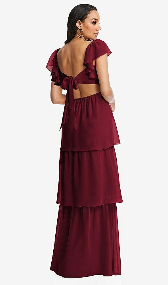 Back View - Burgundy Flutter Sleeve Cutout Tie-Back Maxi Dress with Tiered Ruffle Skirt
