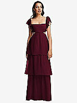 Front View Thumbnail - Cabernet Flutter Sleeve Cutout Tie-Back Maxi Dress with Tiered Ruffle Skirt