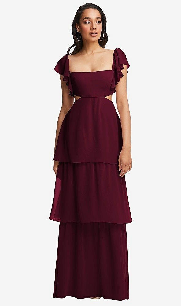 Front View - Cabernet Flutter Sleeve Cutout Tie-Back Maxi Dress with Tiered Ruffle Skirt