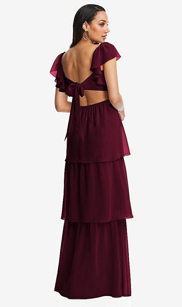 Back View - Cabernet Flutter Sleeve Cutout Tie-Back Maxi Dress with Tiered Ruffle Skirt