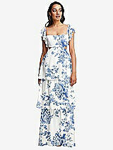 Front View Thumbnail - Cottage Rose Dusk Blue Flutter Sleeve Cutout Tie-Back Maxi Dress with Tiered Ruffle Skirt