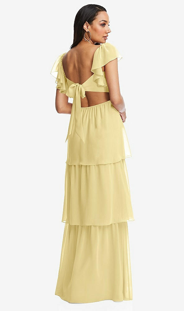 Back View - Pale Yellow Flutter Sleeve Cutout Tie-Back Maxi Dress with Tiered Ruffle Skirt
