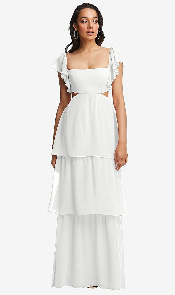 Front View - White Flutter Sleeve Cutout Tie-Back Maxi Dress with Tiered Ruffle Skirt