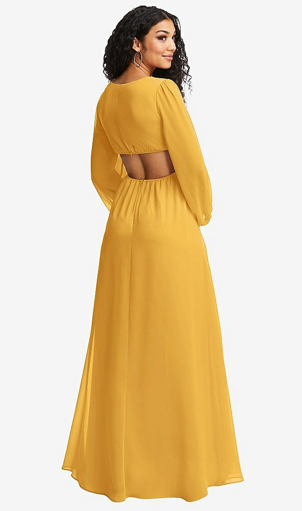 Back View - NYC Yellow Long Puff Sleeve Cutout Waist Chiffon Maxi Dress 