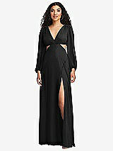 Front View Thumbnail - Black Long Puff Sleeve Cutout Waist Chiffon Maxi Dress 