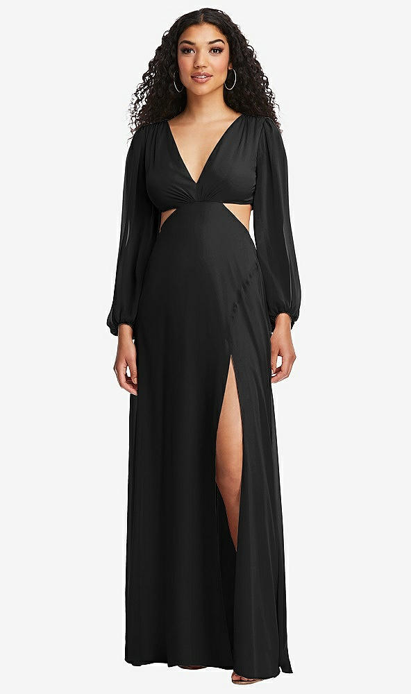 Front View - Black Long Puff Sleeve Cutout Waist Chiffon Maxi Dress 