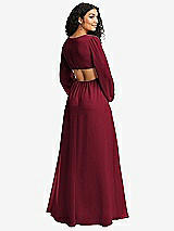 Rear View Thumbnail - Burgundy Long Puff Sleeve Cutout Waist Chiffon Maxi Dress 