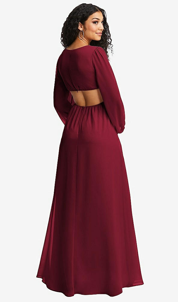 Back View - Burgundy Long Puff Sleeve Cutout Waist Chiffon Maxi Dress 