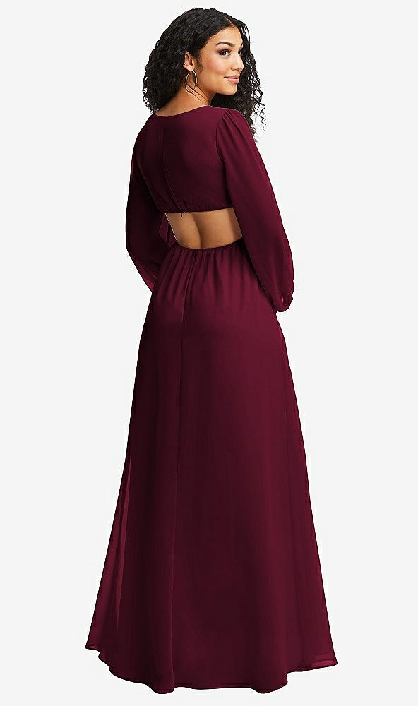 Back View - Cabernet Long Puff Sleeve Cutout Waist Chiffon Maxi Dress 