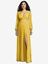 Front View Thumbnail - Marigold Long Puff Sleeve Cutout Waist Chiffon Maxi Dress 