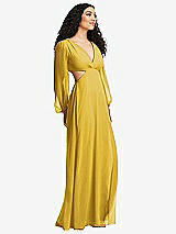 Side View Thumbnail - Marigold Long Puff Sleeve Cutout Waist Chiffon Maxi Dress 