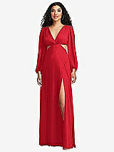 Front View Thumbnail - Parisian Red Long Puff Sleeve Cutout Waist Chiffon Maxi Dress 