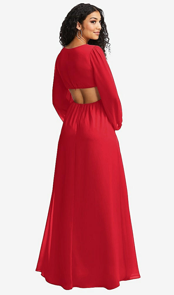 Back View - Parisian Red Long Puff Sleeve Cutout Waist Chiffon Maxi Dress 