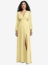 Front View Thumbnail - Pale Yellow Long Puff Sleeve Cutout Waist Chiffon Maxi Dress 