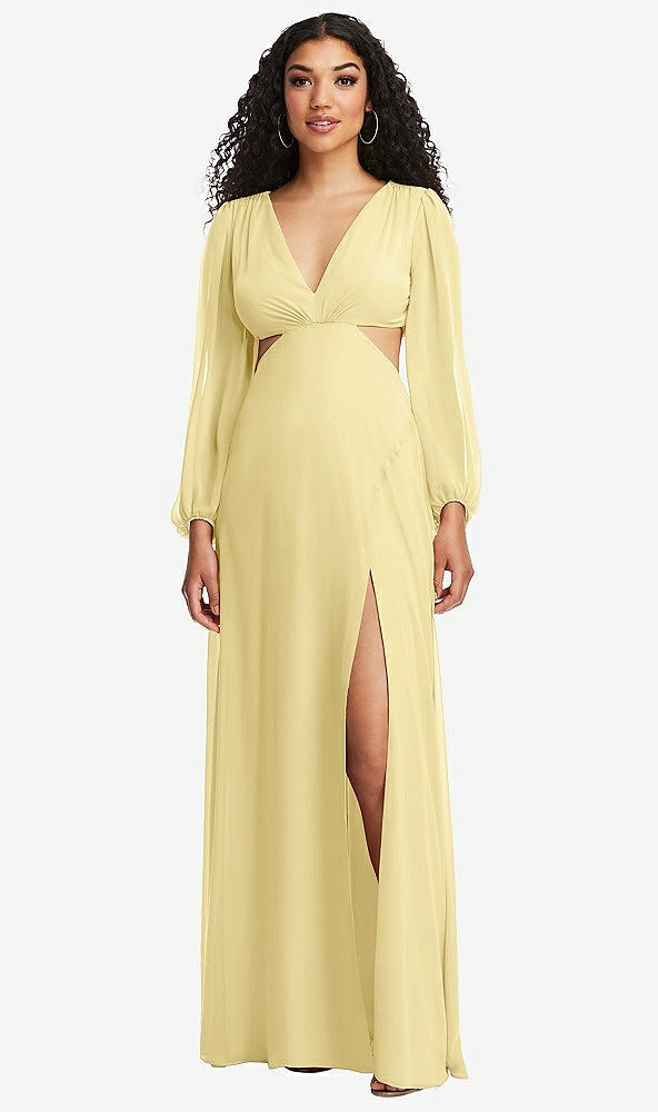 Front View - Pale Yellow Long Puff Sleeve Cutout Waist Chiffon Maxi Dress 