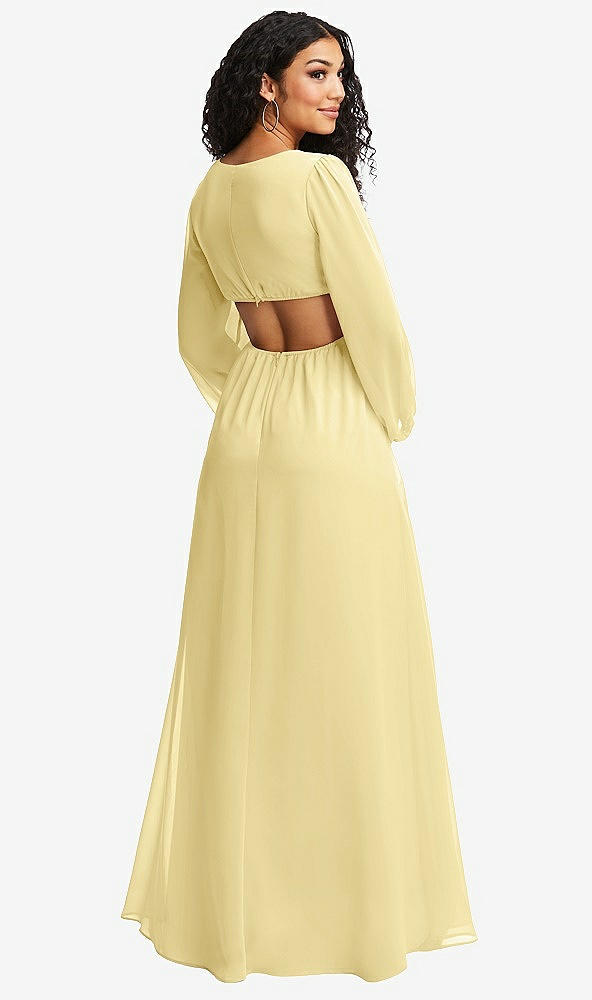 Back View - Pale Yellow Long Puff Sleeve Cutout Waist Chiffon Maxi Dress 