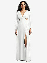 Front View Thumbnail - White Long Puff Sleeve Cutout Waist Chiffon Maxi Dress 