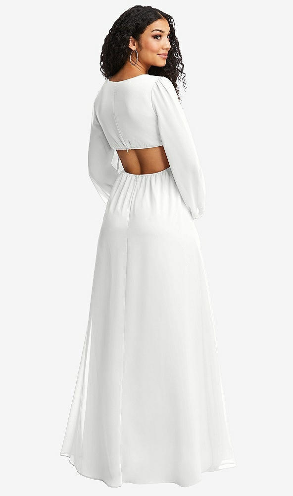 Back View - White Long Puff Sleeve Cutout Waist Chiffon Maxi Dress 