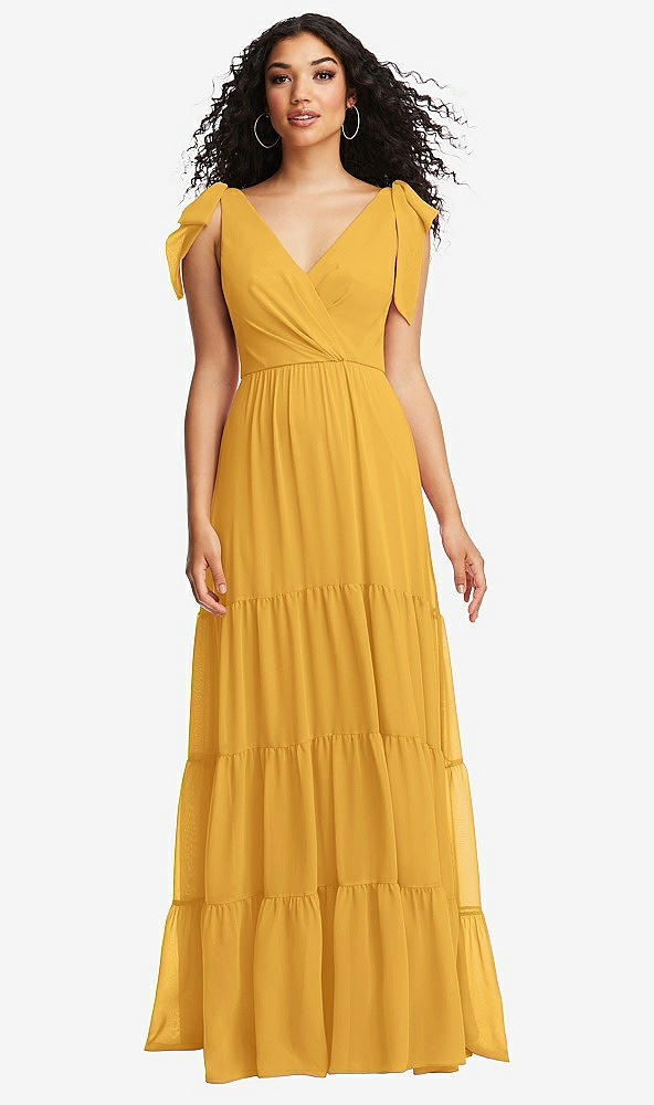 Front View - NYC Yellow Bow-Shoulder Faux Wrap Maxi Dress with Tiered Skirt