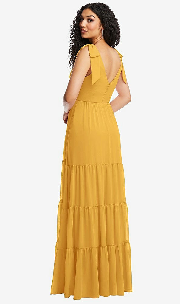 Back View - NYC Yellow Bow-Shoulder Faux Wrap Maxi Dress with Tiered Skirt