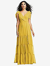Front View Thumbnail - Marigold Bow-Shoulder Faux Wrap Maxi Dress with Tiered Skirt