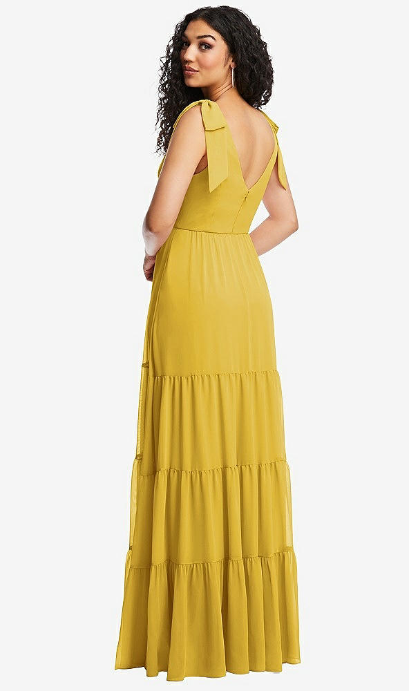 Back View - Marigold Bow-Shoulder Faux Wrap Maxi Dress with Tiered Skirt