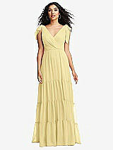 Front View Thumbnail - Pale Yellow Bow-Shoulder Faux Wrap Maxi Dress with Tiered Skirt