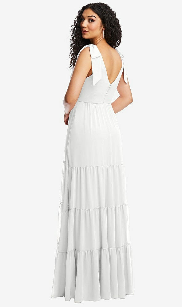 Back View - White Bow-Shoulder Faux Wrap Maxi Dress with Tiered Skirt