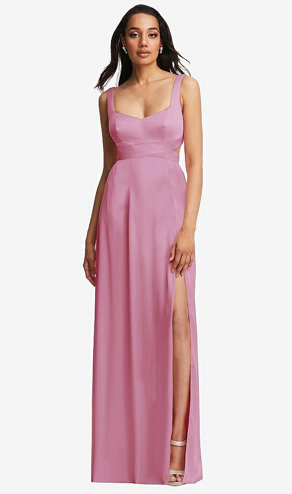 Front View - Powder Pink Open Neck Cross Bodice Cutout  Maxi Dress with Front Slit