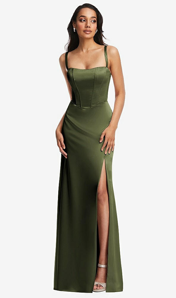 Front View - Olive Green Lace Up Tie-Back Corset Maxi Dress with Front Slit