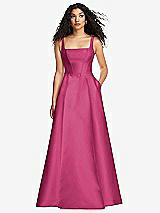 Front View Thumbnail - Tea Rose Boned Corset Closed-Back Satin Gown with Full Skirt and Pockets