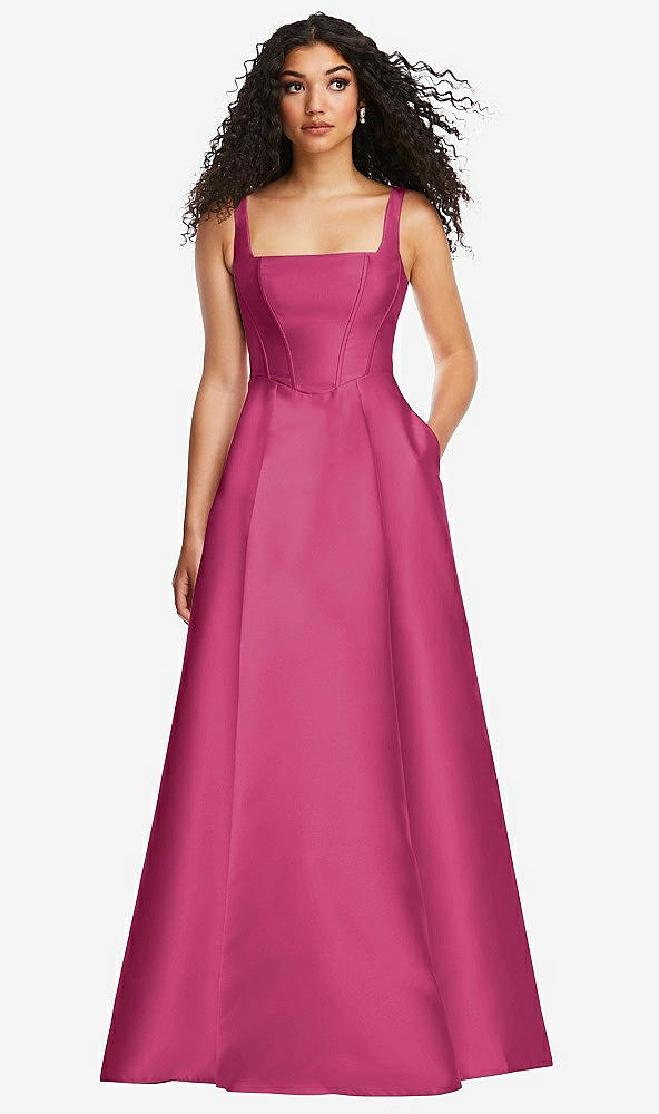 Front View - Tea Rose Boned Corset Closed-Back Satin Gown with Full Skirt and Pockets