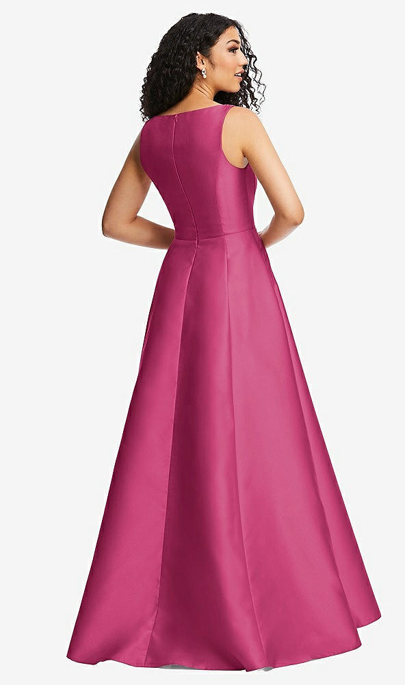 Back View - Tea Rose Boned Corset Closed-Back Satin Gown with Full Skirt and Pockets