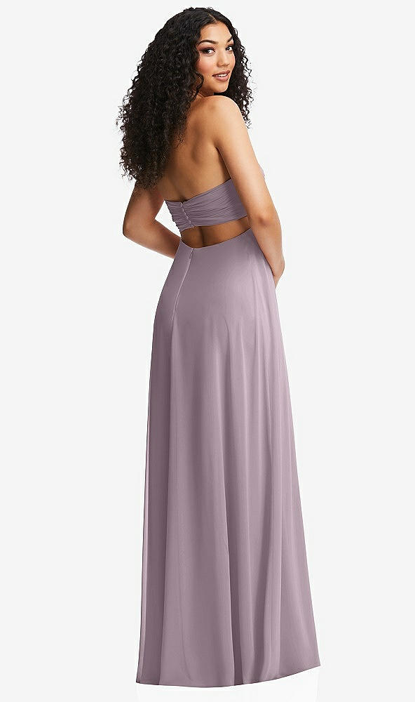 Back View - Lilac Dusk Strapless Empire Waist Cutout Maxi Dress with Covered Button Detail