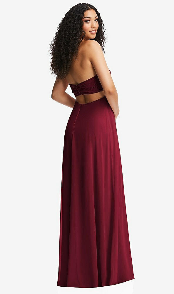 Back View - Burgundy Strapless Empire Waist Cutout Maxi Dress with Covered Button Detail