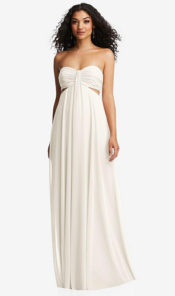 Front View - Ivory Strapless Empire Waist Cutout Maxi Dress with Covered Button Detail