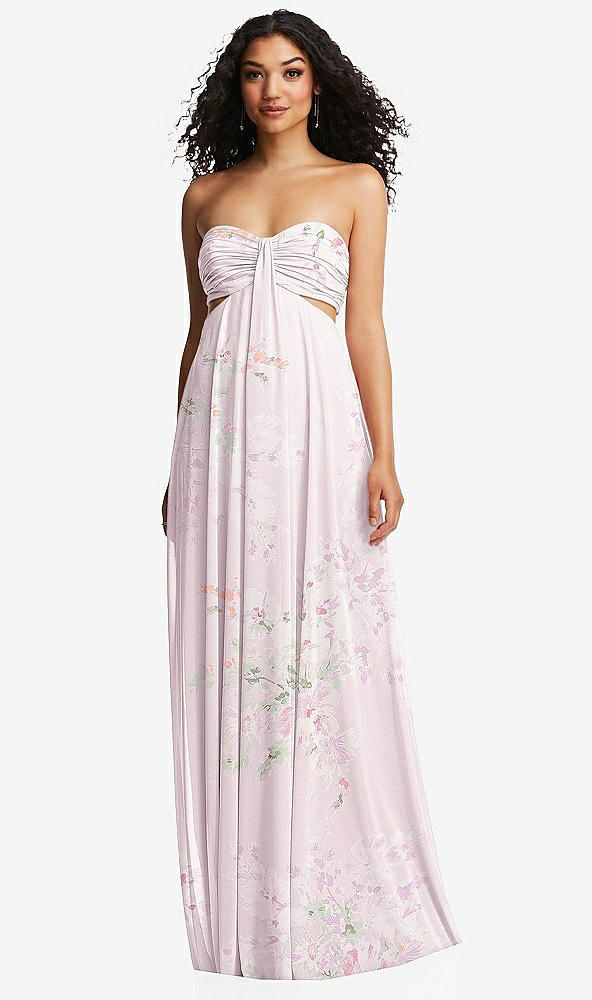 Front View - Watercolor Print Strapless Empire Waist Cutout Maxi Dress with Covered Button Detail