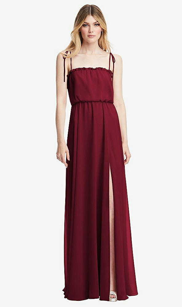 Front View - Burgundy Skinny Tie-Shoulder Ruffle-Trimmed Blouson Maxi Dress