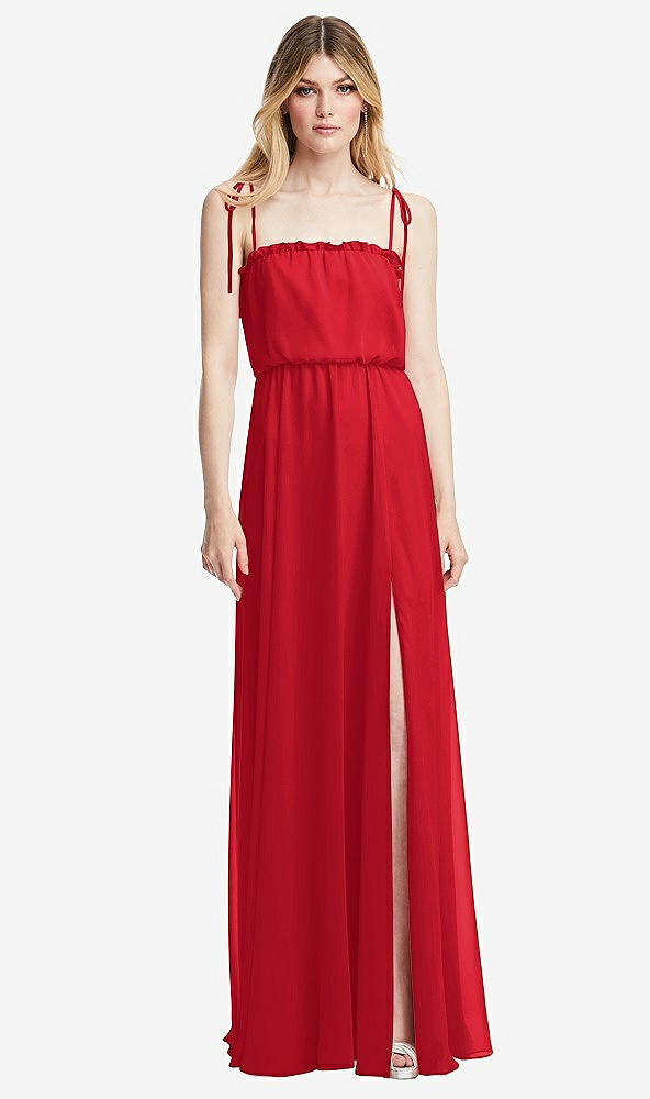 Front View - Parisian Red Skinny Tie-Shoulder Ruffle-Trimmed Blouson Maxi Dress