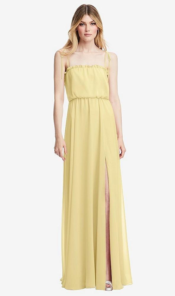 Front View - Pale Yellow Skinny Tie-Shoulder Ruffle-Trimmed Blouson Maxi Dress