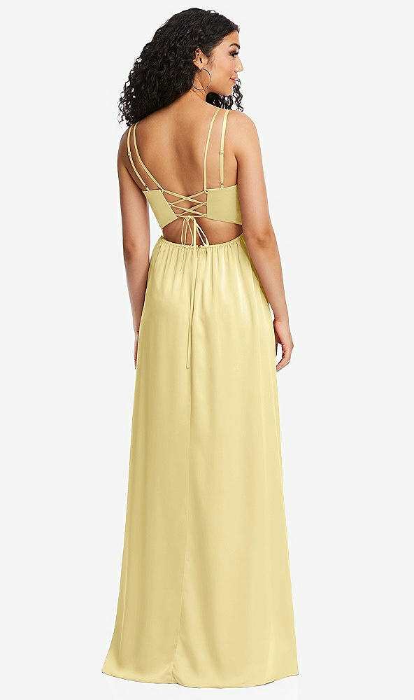 Back View - Pale Yellow Dual Strap V-Neck Lace-Up Open-Back Maxi Dress