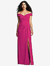 Front View Thumbnail - Think Pink Cuffed Off-the-Shoulder Pleated Faux Wrap Maxi Dress