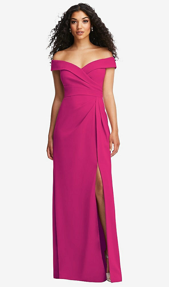 Front View - Think Pink Cuffed Off-the-Shoulder Pleated Faux Wrap Maxi Dress