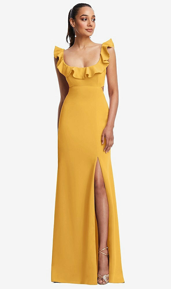 Front View - NYC Yellow Ruffle-Trimmed Neckline Cutout Tie-Back Trumpet Gown