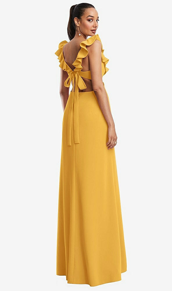 Back View - NYC Yellow Ruffle-Trimmed Neckline Cutout Tie-Back Trumpet Gown