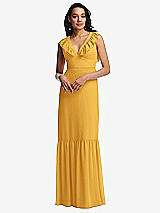 Front View Thumbnail - NYC Yellow Tiered Ruffle Plunge Neck Open-Back Maxi Dress with Deep Ruffle Skirt