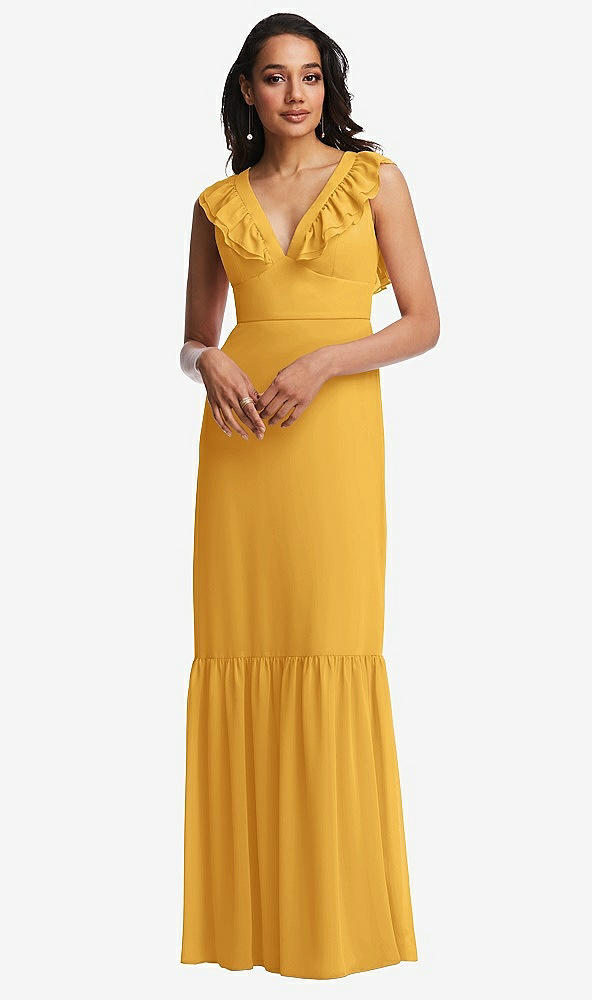 Front View - NYC Yellow Tiered Ruffle Plunge Neck Open-Back Maxi Dress with Deep Ruffle Skirt